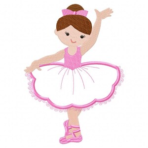 May include: A pink and white ballerina doll with brown hair and a pink bow. The doll is wearing a pink leotard and a white tutu with pink trim. The doll is standing on one leg with her other leg raised in the air.