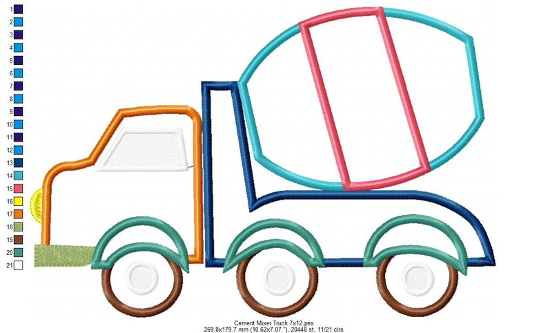 Puede incluir: Un cami&oacute;n mezclador de cemento de dibujos animados colorido con un dise&ntilde;o azul, verde azulado, naranja y rosa. El cami&oacute;n tiene una cabina blanca y ruedas marrones.