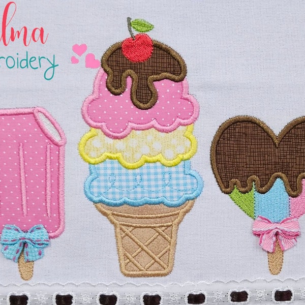 Three Summer Ice Cream - Applique - 5x4 5x7 5x8 6x10 7x12 - Machine Embroidery Design - Summer Ice Cream Embroidery - Popsicle Embroidery