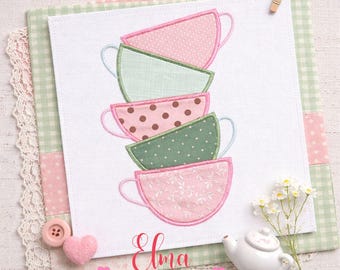 Stacked Tea Cups Applique Embroidery Design Kitchen Tea Decor (Digital Download)