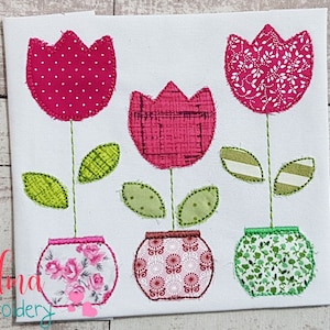 Vaso de três tulipas - Bordado de apliques raggy - 4x4 5x5 6x6 7x7 - Design de bordado à máquina - Bordado de flores - Bordado de apliques de tulipas