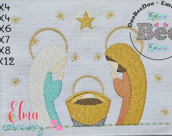 May include: Embroidered religious scene featuring two figures with halos, a star, and a basket. The figures are in teal and peach, with gold accents. The text "Elma embroidery" is in pink. The image is on a white background.