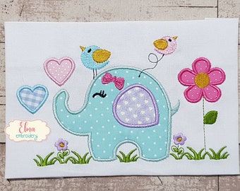 Elefantenmädchen, Applikation Stickdatei Design: Vögel und Blumen (Digitaler Download)