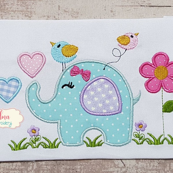 Elephant Girl, Birds and Flowers - Machine Embroidery Design - Applique Embroidery - Animal Embroidery - 4x4 5x4 5x7 5x8 6x10 7x12