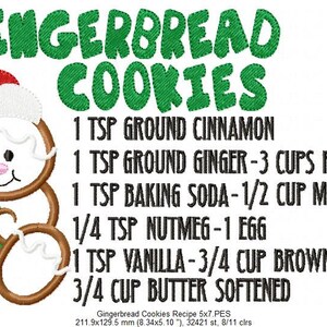 May include: Gingerbread cookie recipe with a gingerbread man illustration. The recipe includes ingredients like ground cinnamon, ground ginger, flour, baking soda, molasses, nutmeg, egg, vanilla, brown sugar, and butter.