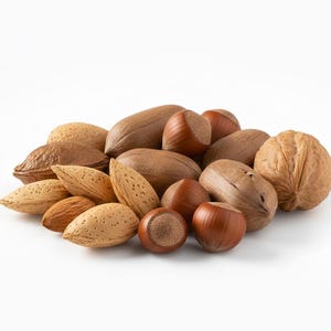 May include: A collection of assorted whole nuts including light brown almonds in their shells, smooth round hazelnuts, elongated brown pecans, and a textured, spherical walnut, all arranged together in a cluster against a plain white background.