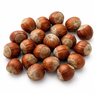 May include: A collection of whole hazelnuts with smooth, light brown shells and textured, pale tan tips. The nuts are arranged in a loose cluster, displaying their rounded shapes and natural variations in color and size across the group.