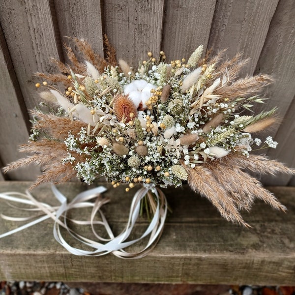 Boho Natural dried wedding bouquet | Beige wedding bouquet Bridesmaid bouquet | Flower Girl bouquet | Buttonhole | Wrist corsage |  Hair pin