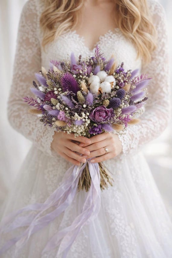 Purple Thistle Dried Wedding Bouquet: Scottish Style Bridal Flowers & Accessories