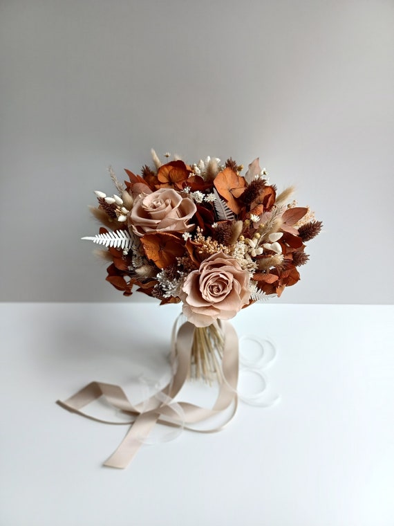 Nude and Brown colour preserved roses wedding bouquet | Bridesmaid bouquet | Flower Girl bouquet | Buttonhole | Wrist corsage | Hair pins