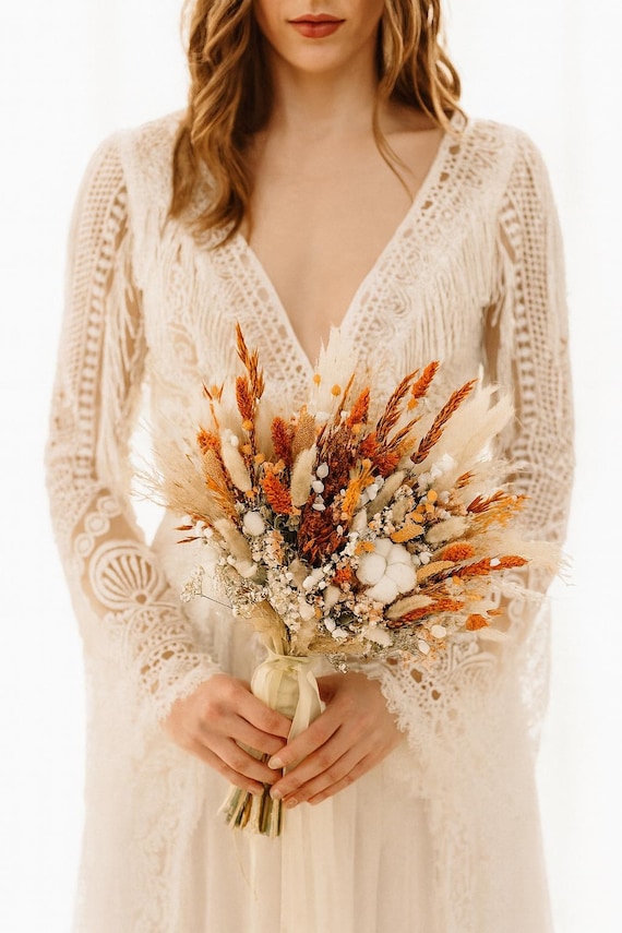 Autumn Burnt Orange Wedding Bouquet: Rust Terracotta Dried Wedding Flowers & Accessories