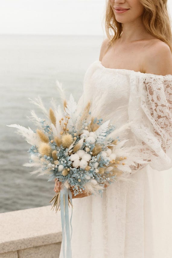 Light Blue Dried Flower Wedding Bouquet: Boho Bridal Decor