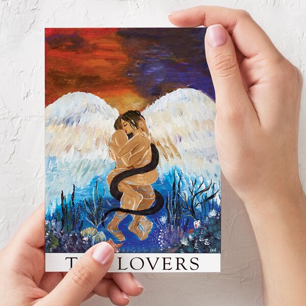 The lovers tarot card print, the lovers art print, acrylic painting, tarot cards, the lovers postcard| Anniversary cards|valentines day card