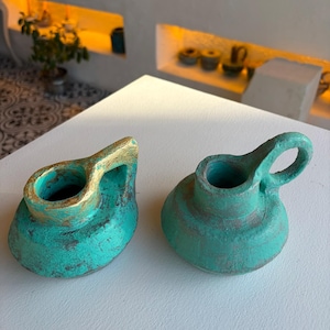 Set of 2 Handmade Mini Amphora Decor, Rustic Turquoise Pottery, Ancient Greek Style Vessels