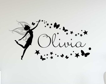 Calcomanía de vinilo de pared con nombre personalizado, diseño de hada mágica, mariposas y estrellas, para habitación de bebé, 11 (alw)