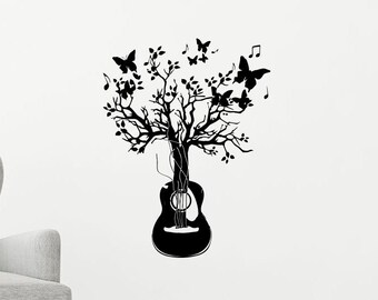 Music Tree Guitar Wall Vinyl Decal Sticker Butterflies Strings Bedroom Home Art Decor 42(alw)