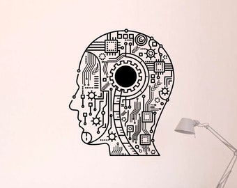 Calcomanía de vinilo para pared con diseño de cabeza cibernética y cerebro, pegatina digital humana para dormitorio, decoración artística para el hogar 109(alw)