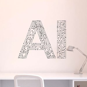 May include: A white wall with a black and white AI logo made of circuit board patterns. A white desk with a white chair and a silver lamp is in the foreground.