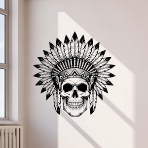 May include: Black and white graphic of a skull wearing a Native American headdress. The skull has detailed teeth and eye sockets, and the headdress features numerous feathers. The image is a bold, graphic design, likely for wall art or apparel.
