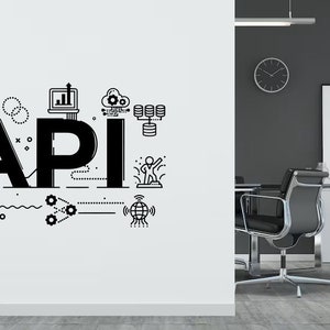 Op de afbeelding: Een witte muur met een zwart-witte illustratie van het woord "API" omringd door verschillende pictogrammen en symbolen. De illustratie is in een moderne, minimalistische stijl. De muur bevindt zich in een kantooromgeving met twee zwarte bureaustoelen en een klok aan de muur.
