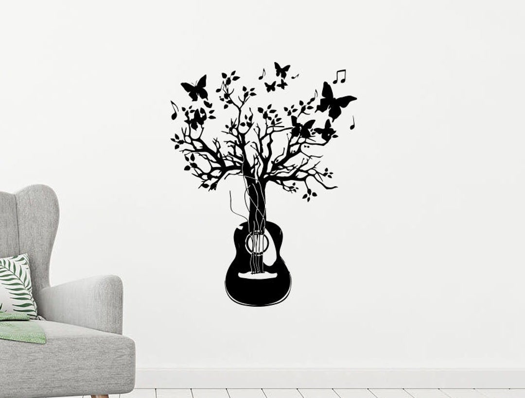 Music Tree Guitar Wall Vinyl Decal Sticker Butterflies Strings Bedroom ...