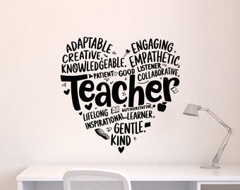 Calcomanía de vinilo para pared con diseño de profesor, nube de palabras, corazón, escuela, ciencia, hogar, oficina, aula, arte de pared 4399