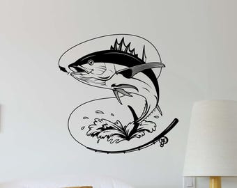 Calcomanía de vinilo para pared con diseño de atún, caña de pescar, pescador, decoración, regalo, arte de pared, letrero 4396