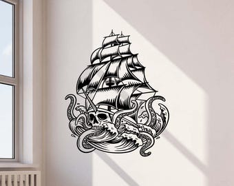 Kraken Schiff Wand Aufkleber Vinyl Aufkleber Piraten Meer Badezimmer Dekor Geschenk Strand Wand Kunst Zeichen 4389