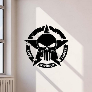 May include: Black graphic featuring a skull within a star and a circular frame. The text reads "LIVE WITHOUT LIMITS". The design has a distressed, worn look, and is likely a decal or sticker.