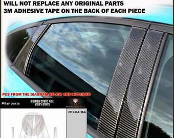 fits HONDA CIVIC 2001 2002 2003 2004 2005 real black carbon fiber window pillar posts - 6 pcs