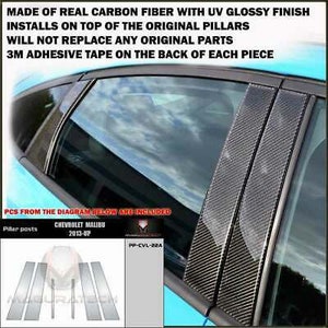 May include: Carbon fiber pillar post covers for a Chevrolet Malibu. The covers are made with a UV glossy finish and install on top of the original pillars. The image shows the covers installed on a car window.