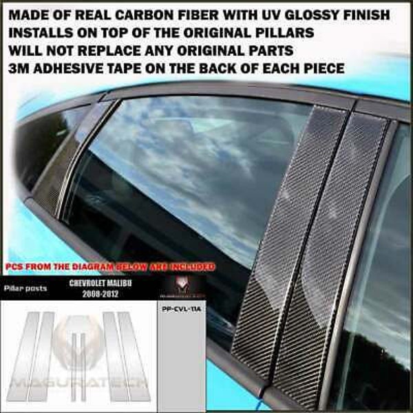 fits CHEVROLET MALIBU 2008 2009 2010 2011 2012 real black carbon fiber window pillar posts 6 pcs