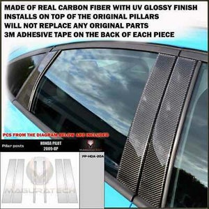May include: Carbon fiber pillar post covers with a UV glossy finish. The covers install on top of the original pillars and include 3M adhesive tape. The image also includes the text: MADE OF REAL CARBON FIBER WITH UV GLOSSY FINISH, INSTALLS ON TOP OF THE ORIGINAL PILLARS, WILL NOT REPLACE ANY ORIGINAL PARTS, 3M ADHESIVE TAPE ON THE BACK OF EACH PIECE.