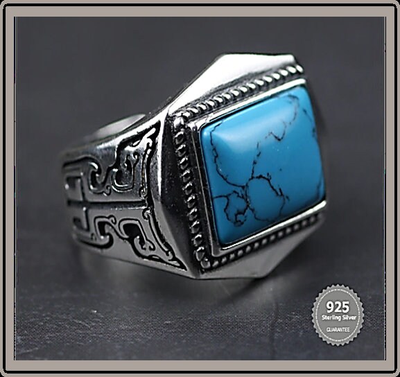 Genuine Silver Turquoise ring for men women adjustable Turkish | Etsy