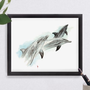 Bottlenose Dolphins Watercolor Art Print Illustration 8x10