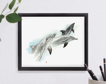 Bottlenose Dolphins Watercolor Art Print Illustration 8x10