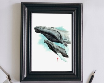Humpback Whales Watercolor Art Print Illustration 5x7