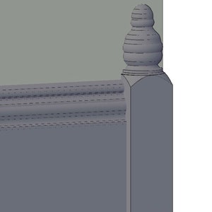 May include: A gray, architectural element, possibly a bed post or furniture detail, with a decorative, rounded top. The design features layered, curved sections and a rectangular base, set against a gray backdrop.