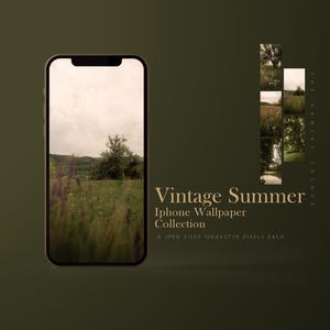 May include: An iPhone displaying a vintage summer wallpaper. The screen shows a field with a tree under a cloudy sky. The image is part of a collection of 5 JPEG files, each 1284x2778 pixels. The text "Vintage Summer iPhone Wallpaper Collection" is also visible.
