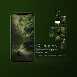 May include: An iPhone displays a nature scene with a path through a forest. The image is part of a "Greenery iPhone Wallpaper Collection" with 7 JPEG files, each 1284x2778 pixels. The background is a dark green gradient.