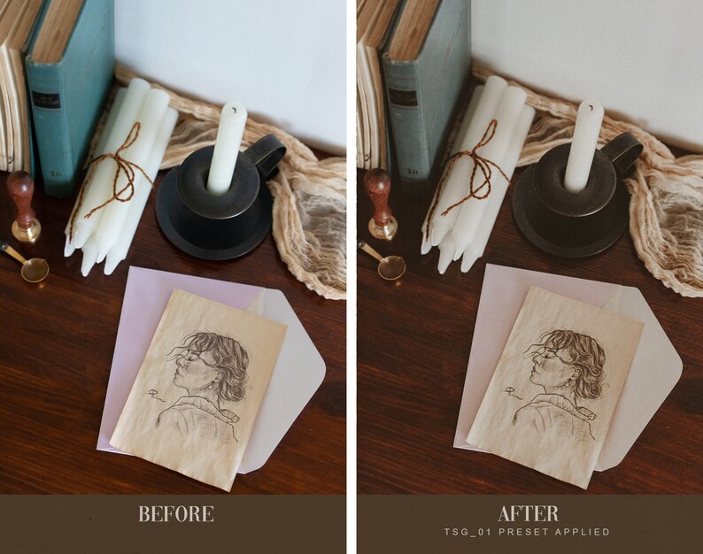 May include: A drawing of a person with glasses on a piece of paper with a light pink envelope on top of it. The paper is on a wooden table with white candles, a black candle holder, and a brown rope.