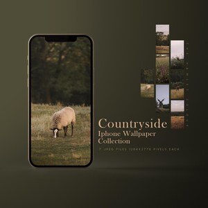 May include: A phone screen displaying a photo of a sheep grazing in a field. The phone is on a green surface. The text "Countryside Iphone Wallpaper Collection" is displayed below the phone.