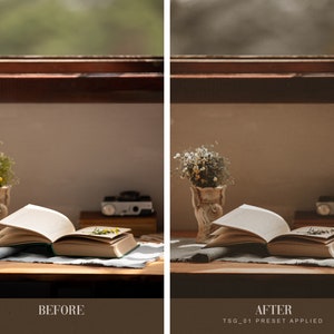 May include: A before and after image showing the effect of a photo filter. The before image shows a book, a vase of flowers, and a camera on a wooden table. The after image shows the same scene with a warm, vintage-inspired filter applied.