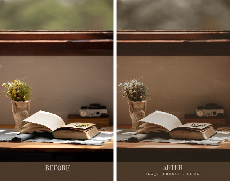May include: A before and after image showing the effect of a photo filter. The before image shows a book, a vase of flowers, and a camera on a wooden table. The after image shows the same scene with a warm, vintage-inspired filter applied.