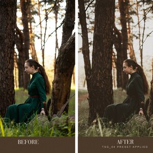 May include: A woman in a green dress sits on a log in a forest. The trees are tall and the light is soft. The image is a before and after comparison, showing the effect of a preset on the image.