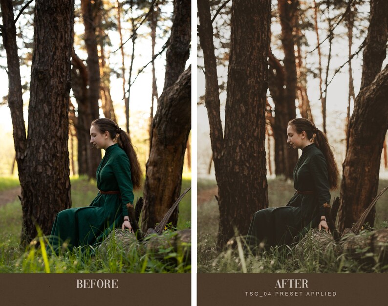 May include: A woman in a green dress sits on a log in a forest. The trees are tall and the light is soft. The image is a before and after comparison, showing the effect of a preset on the image.
