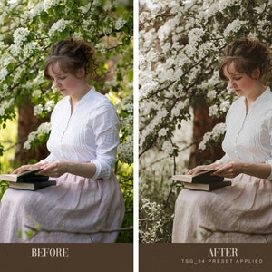 May include: A woman in a white blouse and a long pink skirt sits under a blooming tree, reading a book. The scene is soft and dreamy, with a vintage aesthetic.