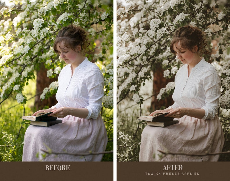 May include: A woman in a white blouse and a long pink skirt sits under a blooming tree, reading a book. The scene is soft and dreamy, with a vintage aesthetic.