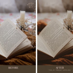 May include: A close-up of an open book with white pages and black text. The book is lying on a brown knitted blanket with dried white flowers and a candle in the background.