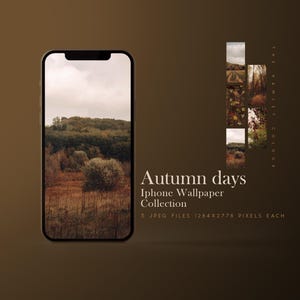 May include: An iPhone shows an autumn landscape wallpaper. The image features a field of tall, dry grass and a forest under a cloudy sky. The text reads "Autumn days iPhone Wallpaper Collection".